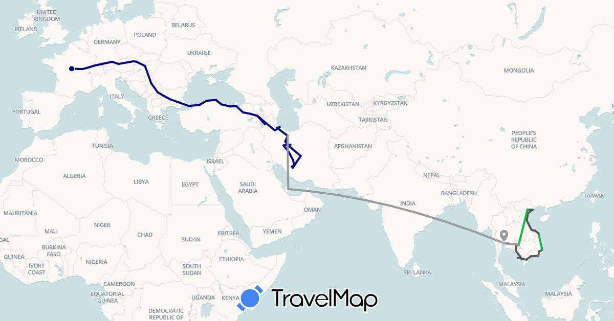TravelMap itinerary: driving, bus, plane, train, motorbike in Austria, Bulgaria, Switzerland, Germany, France, Hungary, Iran, Cambodia, Qatar, Serbia, Slovakia, Thailand, Turkey, Vietnam (Asia, Europe)